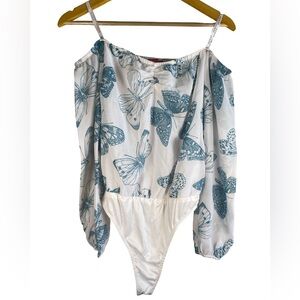 GUESS White Teal Butterfly Off Shoulder Bodysuit Blouse | Size